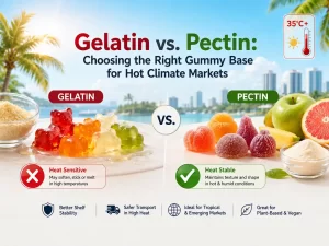 infographic comparing gelatin and pectin as gummy candy bases for hot climate markets