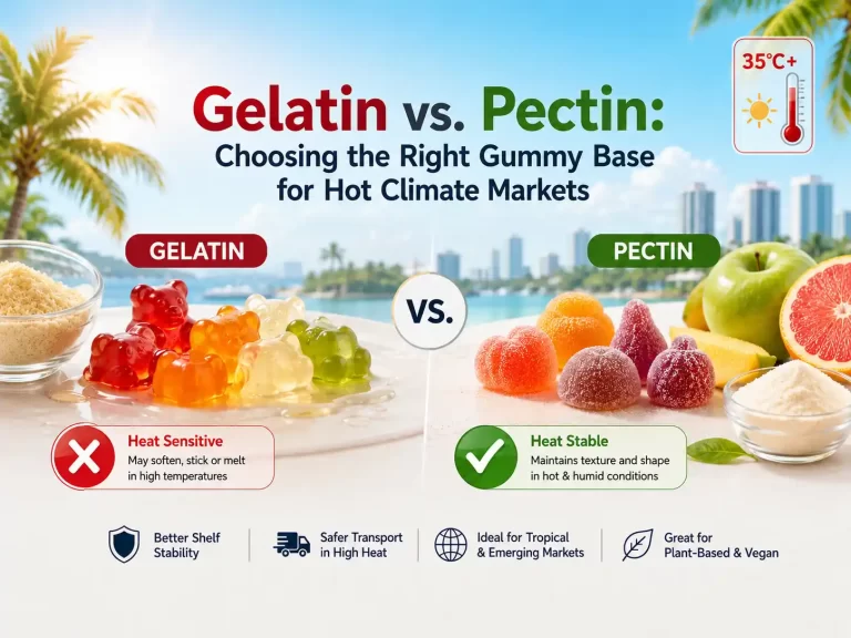 infographic comparing gelatin and pectin as gummy candy bases for hot climate markets