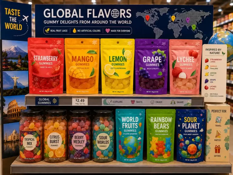 A colorful assortment of gummy candies featuring global fruit flavors such as strawberry, mango, lemon, and grape displayed on a modern retail shelf with diverse packaging and a subtle global market theme.
