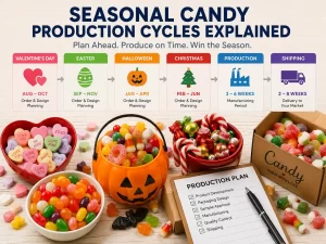 Seasonal candy production cycle infographic showing Valentine’s Day, Easter, Halloween, and Christmas candy planning timelines, manufacturing schedules, shipping periods, and assorted holiday candies for global retail markets.