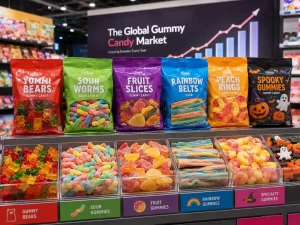Colorful gummy candy assortment displayed on a retail shelf, featuring gummy bears, fruit gummies, sour gummies, rainbow gummies, and custom-shaped gummies, with a market growth chart highlighting the rapid expansion of the gummy candy industry.