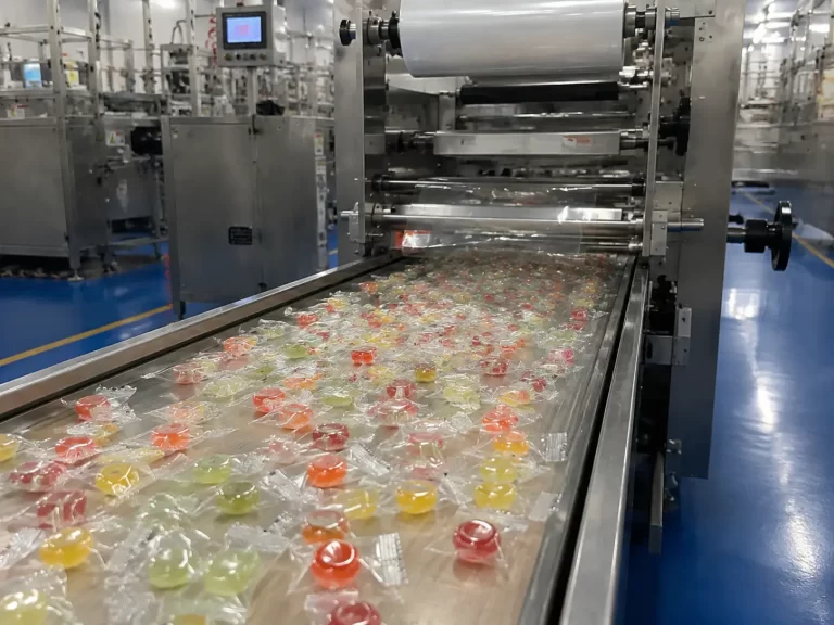 Hard candy manufacturing process in a modern candy factory with wrapped hard candies and production equipment