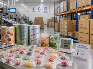 Colorful individually wrapped hard candy with moisture-resistant packaging in a modern candy factory warehouse