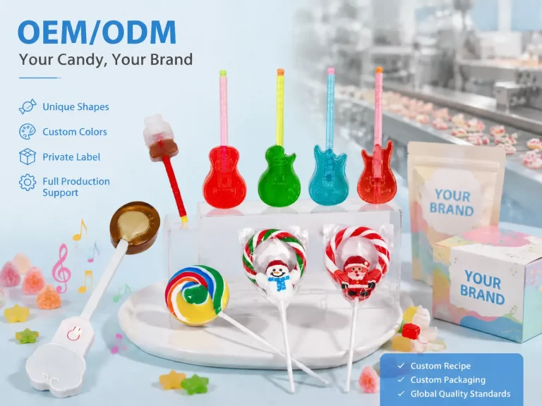 Colorful novelty lollipops with creative shapes and custom designs displayed for global candy markets