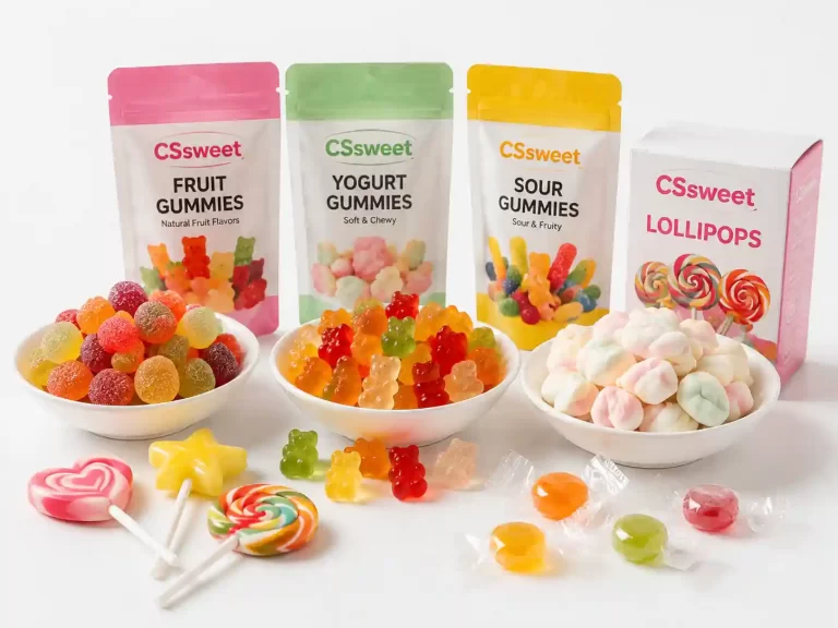 Custom candy products including gummies, lollipops, marshmallows, and hard candies for retail brands by CSsweet