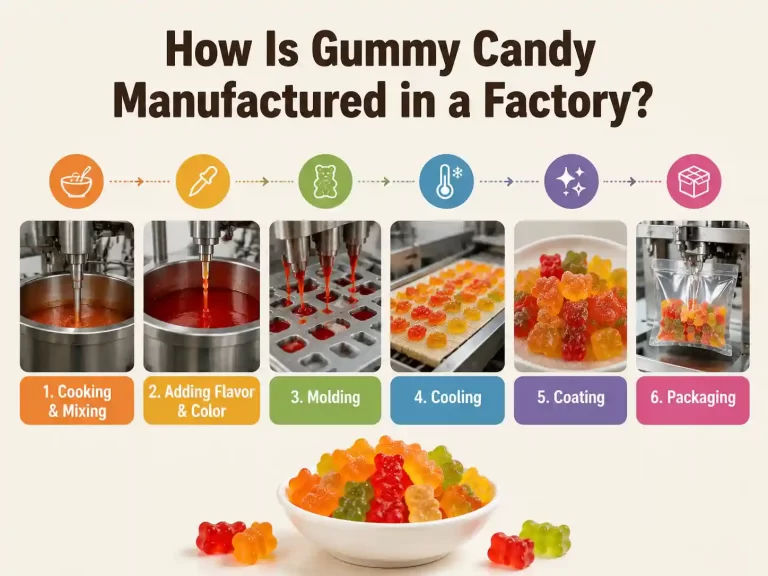 Gummy candy manufacturing process in a factory showing mixing, molding, cooling, coating, and packaging steps