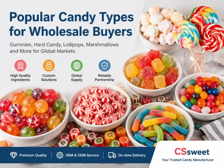 Popular candy types for wholesale buyers including gummies, hard candies, lollipops, and marshmallows supplied by CSwweet