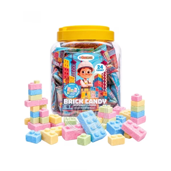 Brick Candy – Building Block Pressed Candy Jar 24 Count Stackable building block pressed candy pieces in front of a branded brick candy jar — fruit flavored novelty candy for kids' parties